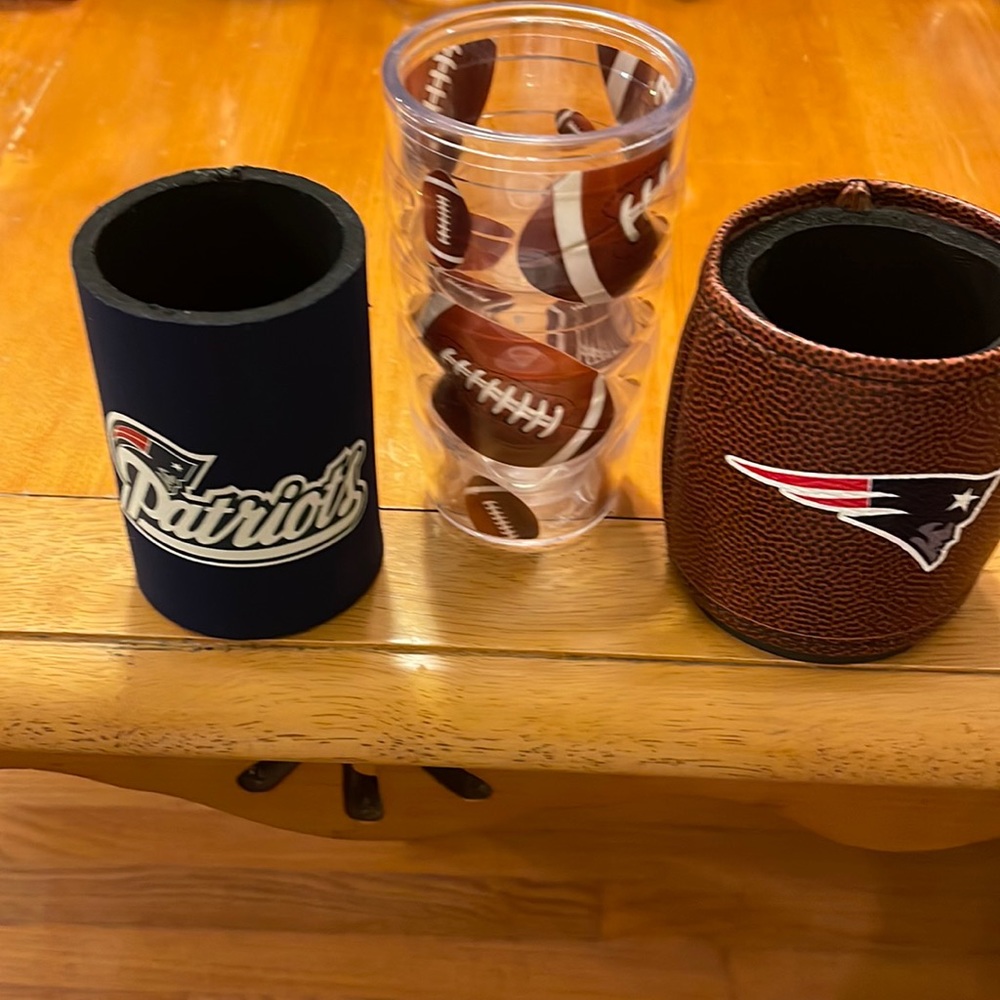 New England Patriots beverage holders and Tervis Football cup